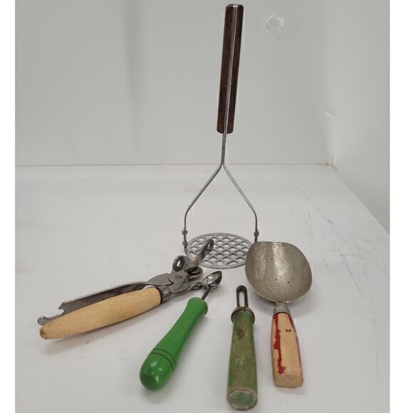 Vintage Mid Century Lot-Five Kitchen Tools masher scoop Melon Baller can opener - Picture 1 of 13